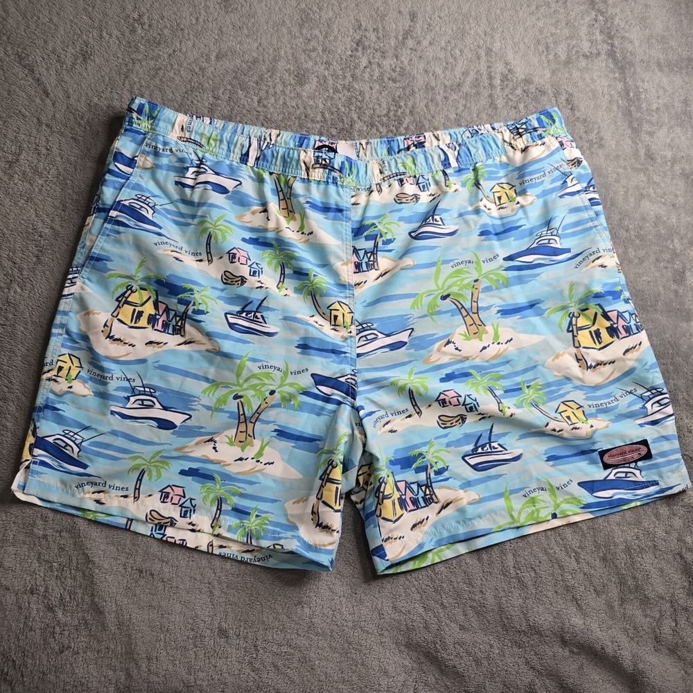 Vineyard Vines Mens 2xl Islaand Palm House Boat Swim Trunks Blue All Over Print